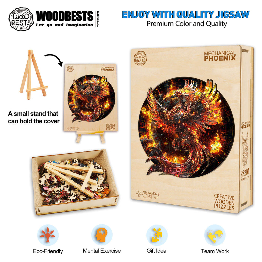Mechanical Phoenix Wooden Jigsaw Puzzle with pieces and display stand, promoting focus and teamwork, eco-friendly mental exercise.
