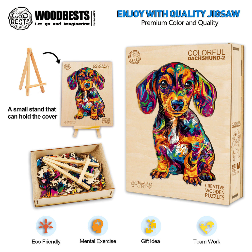 Colorful Dachshund-2 Wooden Jigsaw Puzzle with pieces, displaying vibrant design and eco-friendly features for mental exercise.
