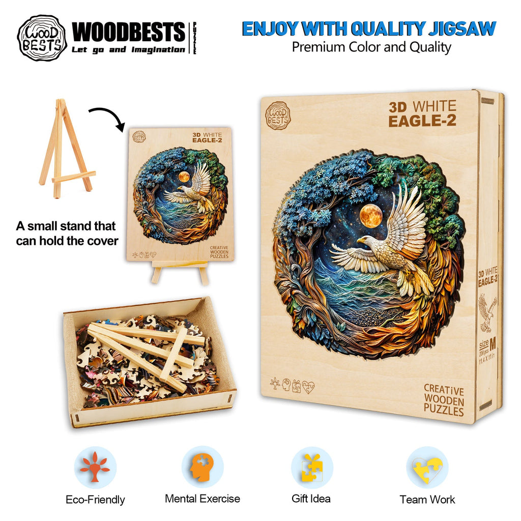 3D White Eagle-2 Wooden Jigsaw Puzzle with colorful artwork, eco-friendly materials, and box featuring stand for display.