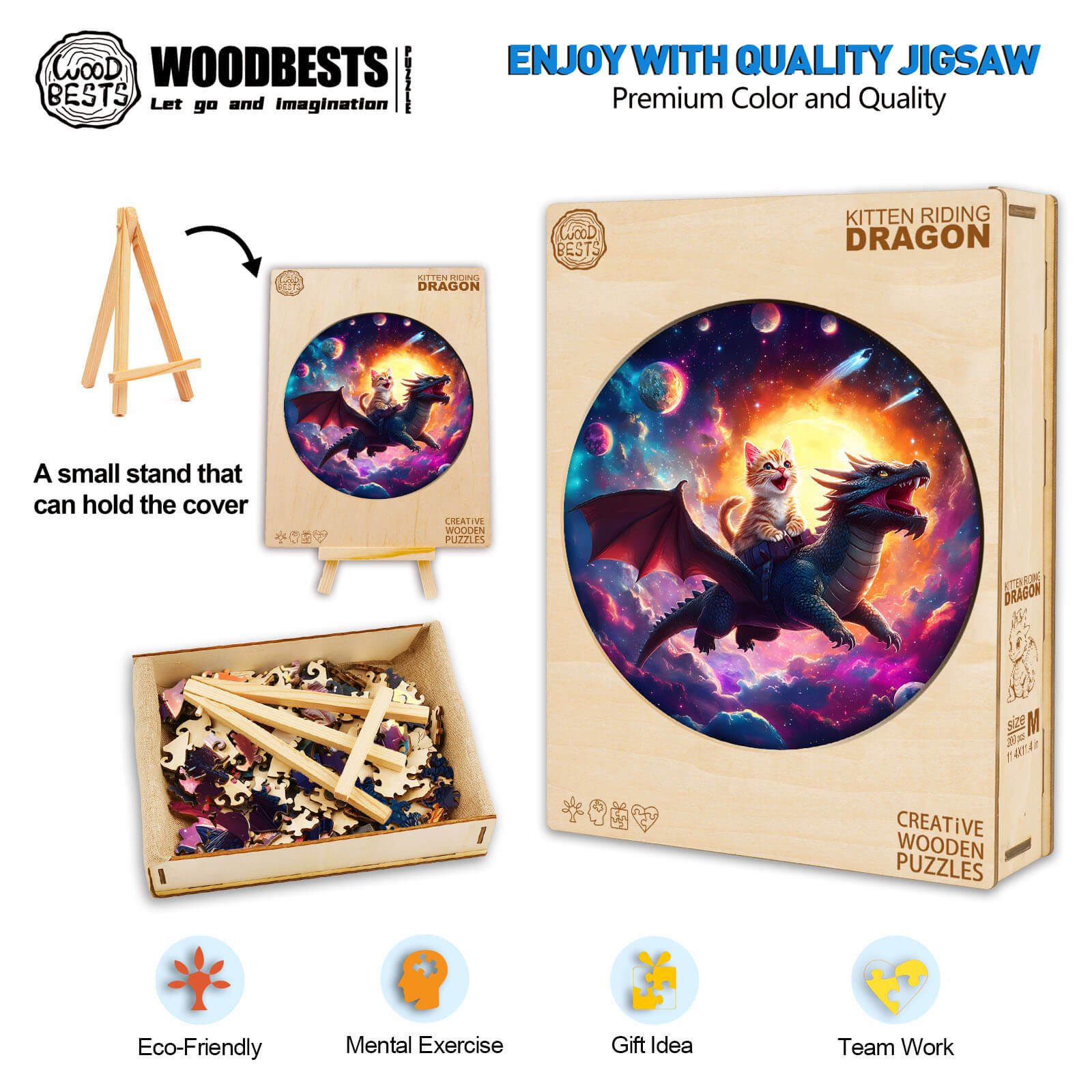 Kitten Riding Dragon wooden jigsaw puzzle, eco-friendly, promotes mental exercise and teamwork, perfect gift idea.