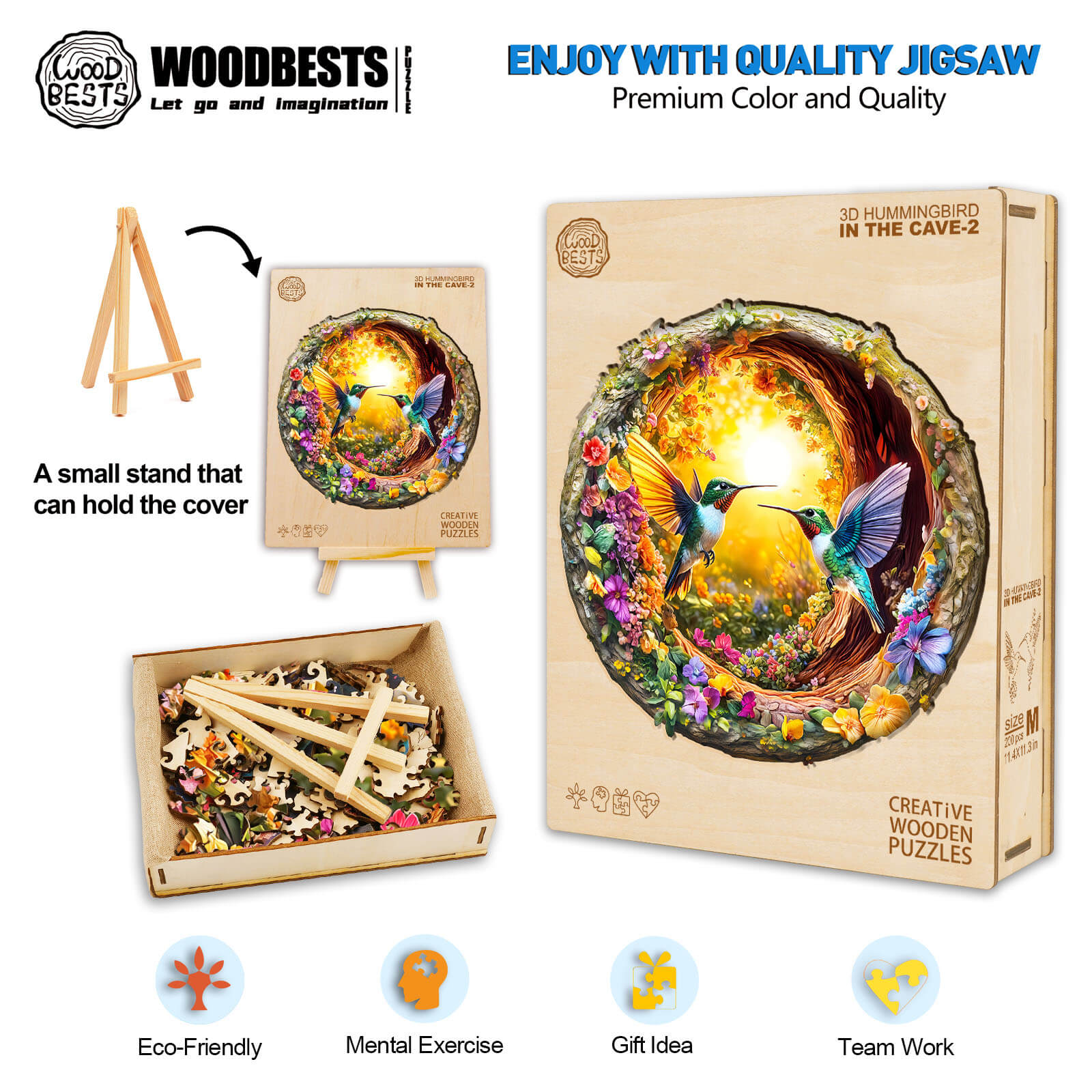3D Hummingbird in the Cave-2 wooden jigsaw puzzle showcasing vibrant artwork and eco-friendly materials.