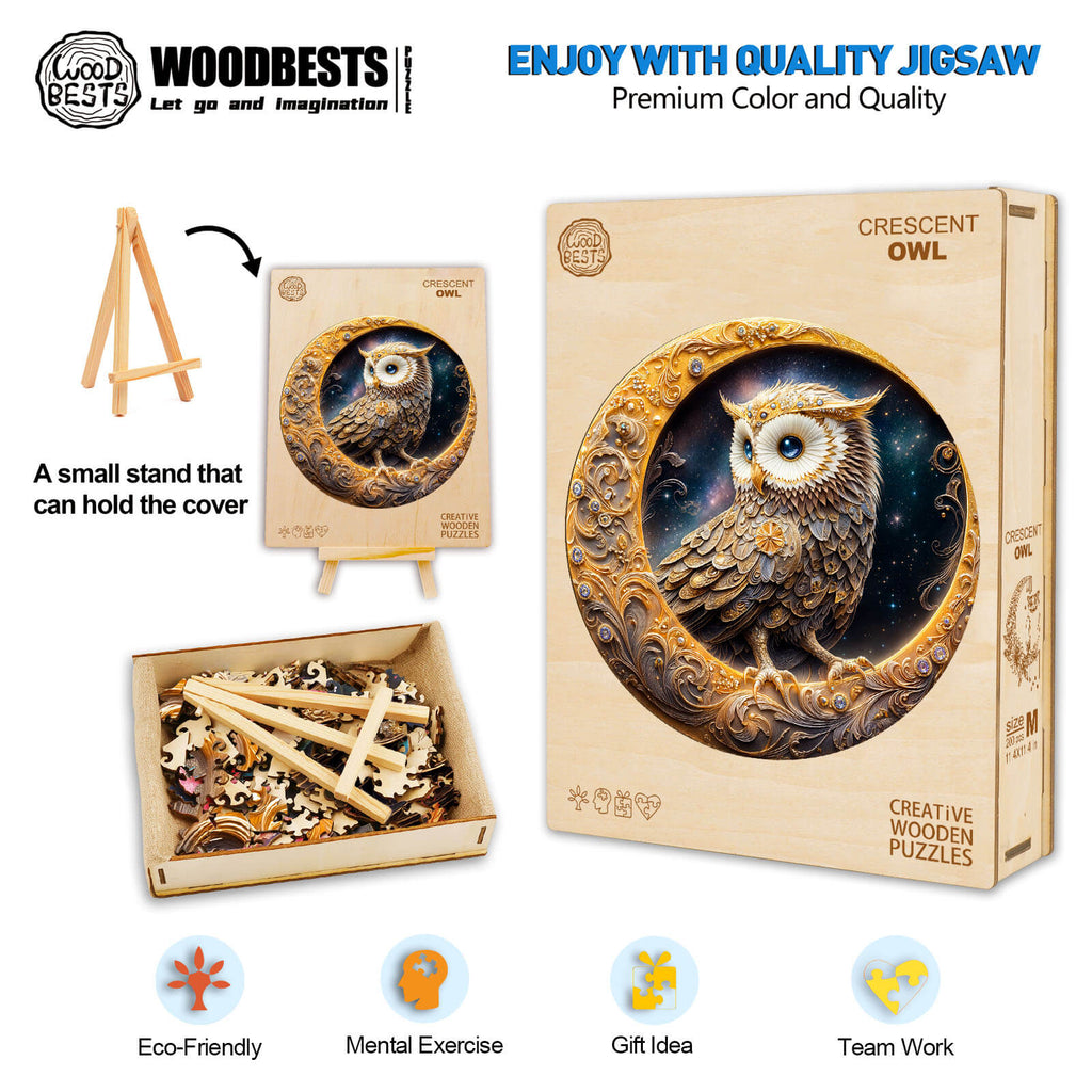Crescent Owl Wooden Jigsaw Puzzle with eco-friendly packaging, designed for mental exercise and teamwork.