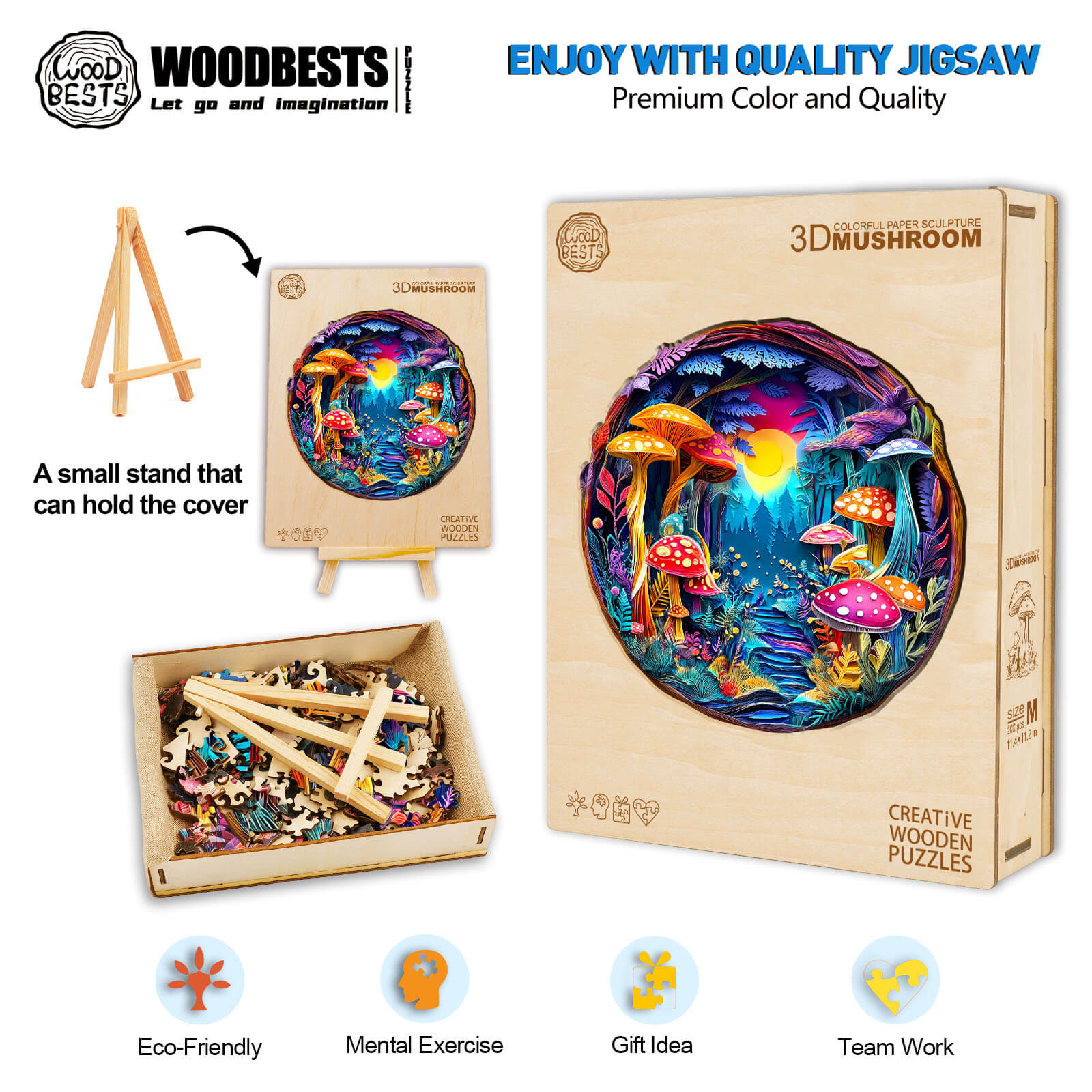 3D Colorful Paper Sculpture Mushroom Wooden Jigsaw Puzzle with vibrant colors and eco-friendly materials for mental exercise.