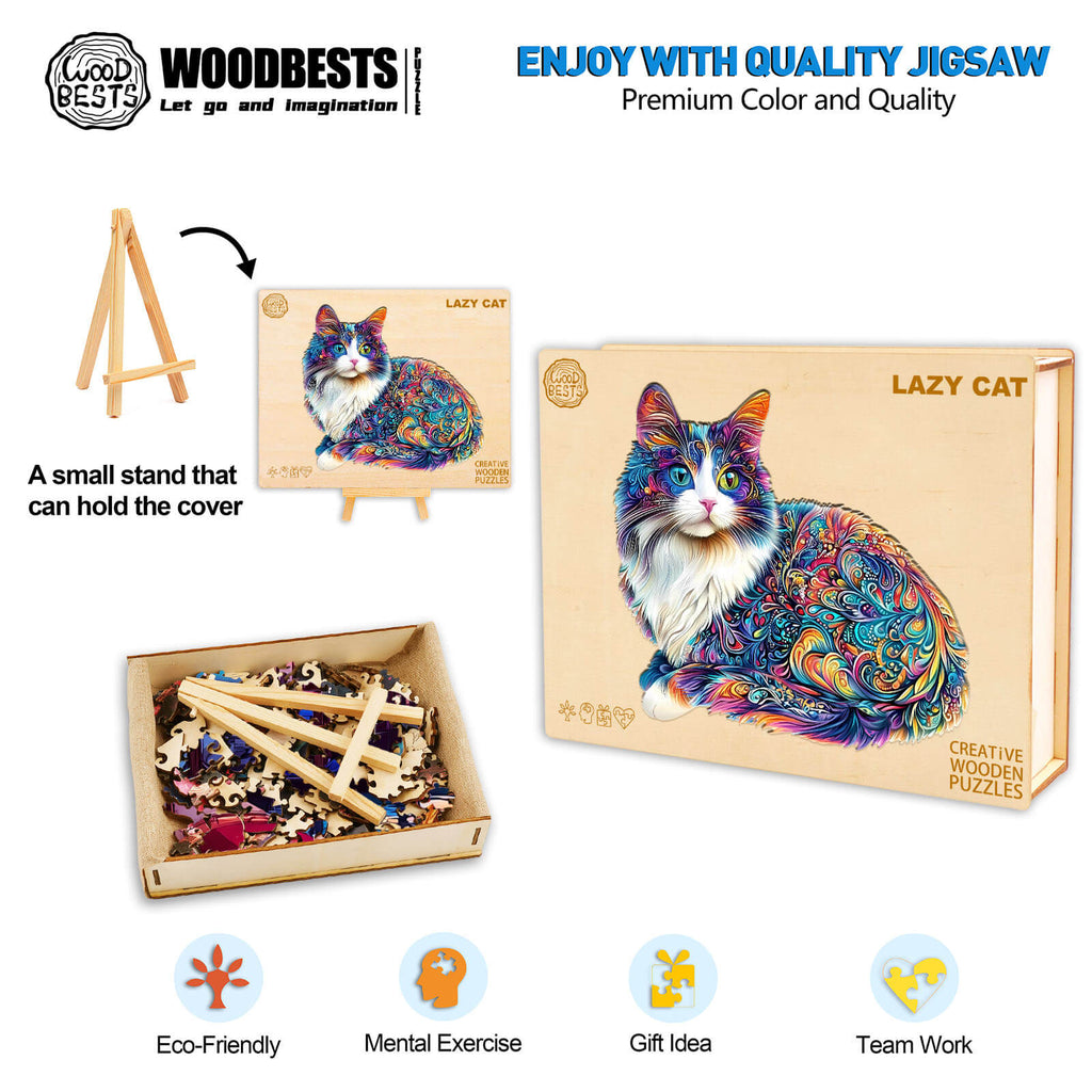 Lazy Cat Wooden Jigsaw Puzzle with colorful cat design, eco-friendly materials, perfect for mental exercise and gifting.