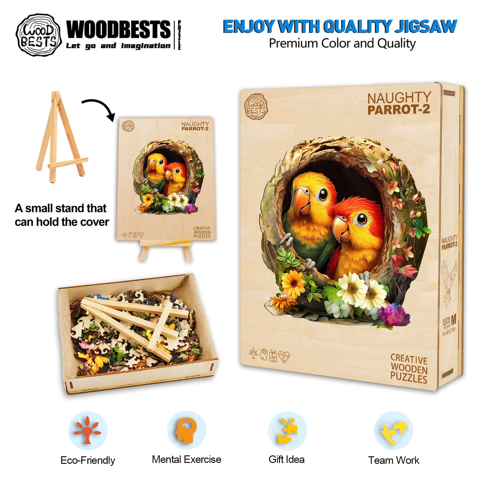 Naughty Parrot-2 wooden jigsaw puzzle with vibrant colors and eco-friendly materials, ideal for mental exercise and teamwork.