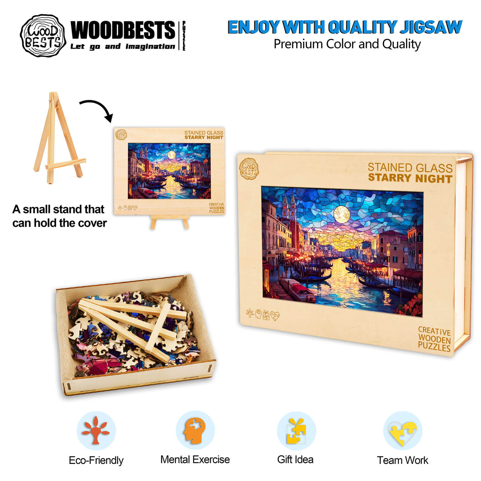 Stained Glass Starry Night wooden jigsaw puzzle with eco-friendly materials, ideal for mental exercise and gifts.