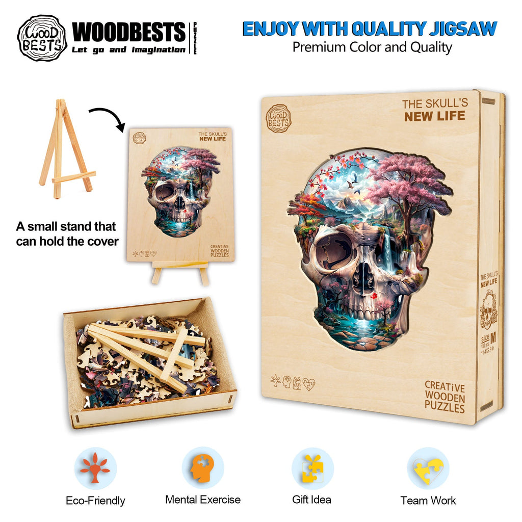 The Skull's New Life wooden jigsaw puzzle with colorful design, promoting focus and teamwork through fun mental exercises.