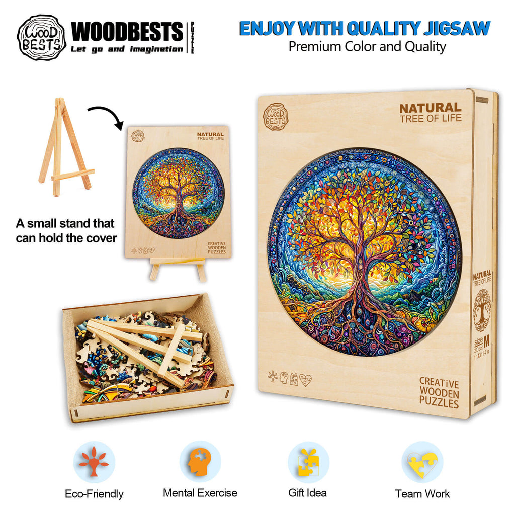 Natural Tree of Life wooden jigsaw puzzle, eco-friendly, promoting focus and mental exercise. Ideal gift for puzzle lovers.