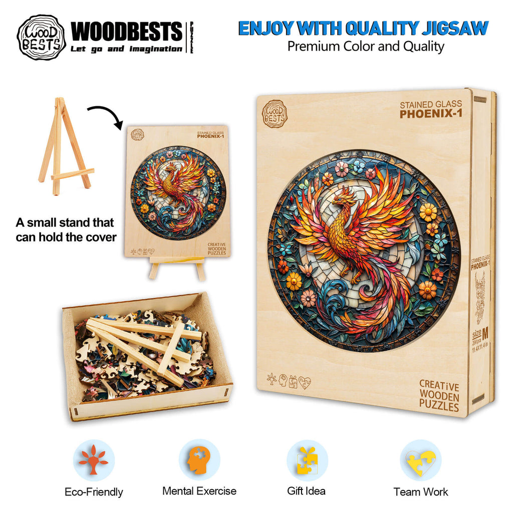 Stained Glass Phoenix-1 Wooden Jigsaw Puzzle with pieces in a box and an easel display, promoting focus and creativity.