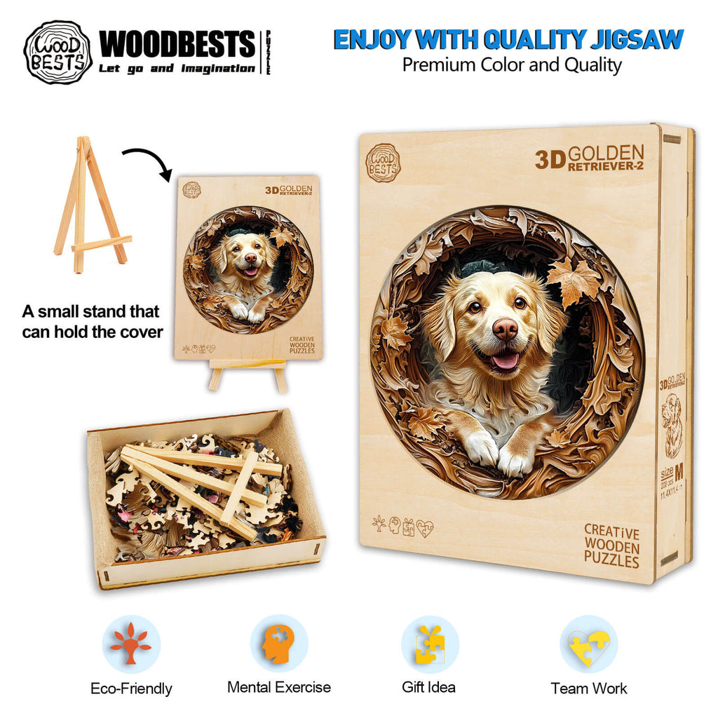 3D Golden Retriever-2 wooden jigsaw puzzle, eco-friendly, mental exercise, perfect for gifts and team activities.