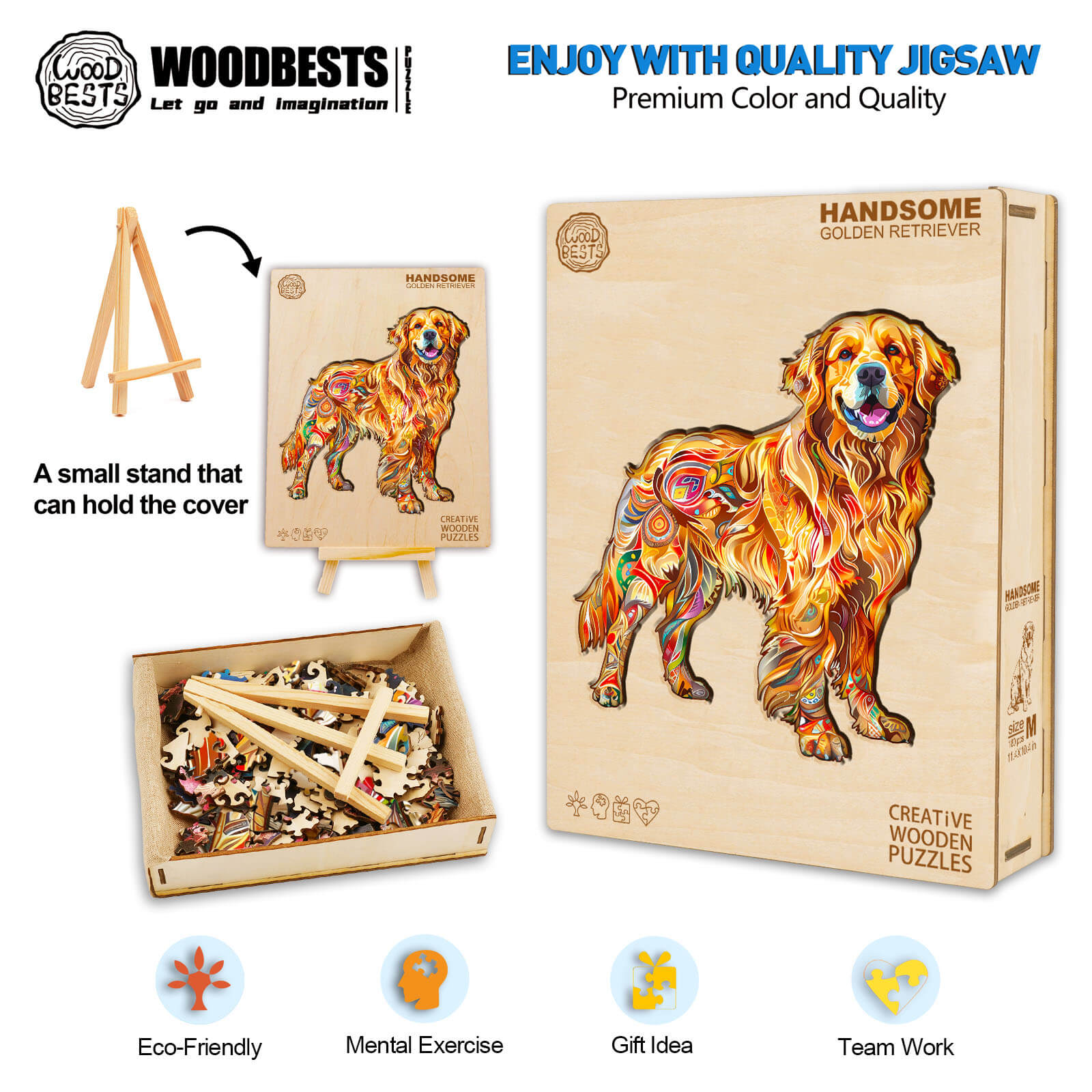 Handsome Golden Retriever wooden jigsaw puzzle with colorful design, stands, and pieces promoting mental exercise and team play.