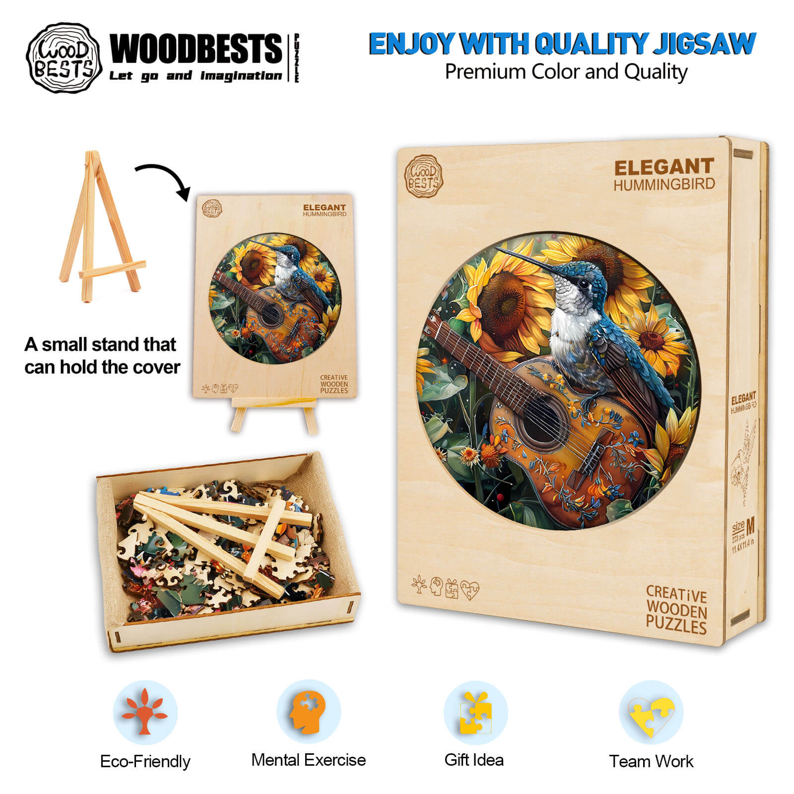 Elegant Hummingbird wooden jigsaw puzzle with eco-friendly materials, promoting mental focus and teamwork during assembly.