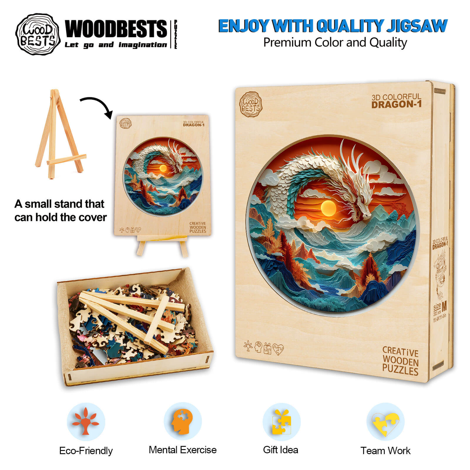 3D Colorful Dragon-1 wooden jigsaw puzzle box, eco-friendly design, promotes focus, teamwork, and mental exercise.