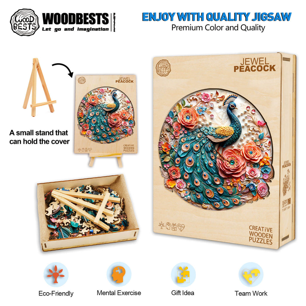 Jewel Peacock Wooden Jigsaw Puzzle with colorful pieces, eco-friendly design, and stand for enhanced puzzle experience.