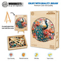 Jewel Peacock Wooden Jigsaw Puzzle with colorful pieces, eco-friendly design, and stand for enhanced puzzle experience.