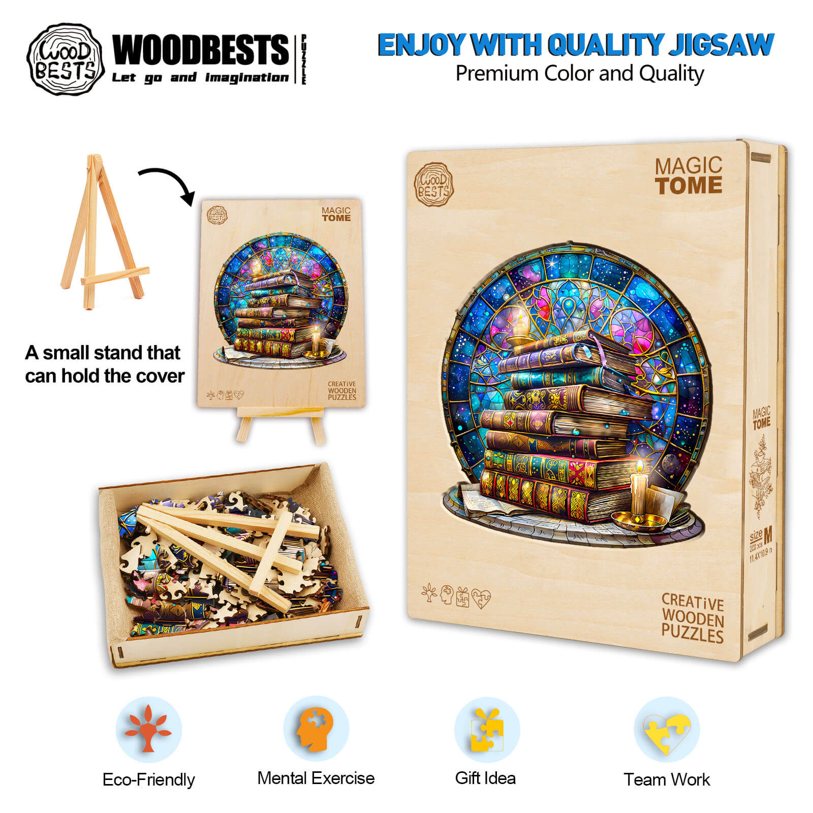 Wooden jigsaw puzzle featuring the Magic Tome design, eco-friendly materials, perfect for mental exercise and teamwork.