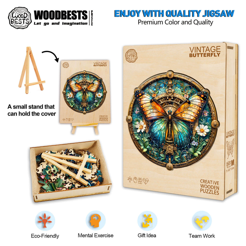 Vintage Butterfly wooden jigsaw puzzle with colorful design, eco-friendly materials, perfect for mental exercise and teamwork.