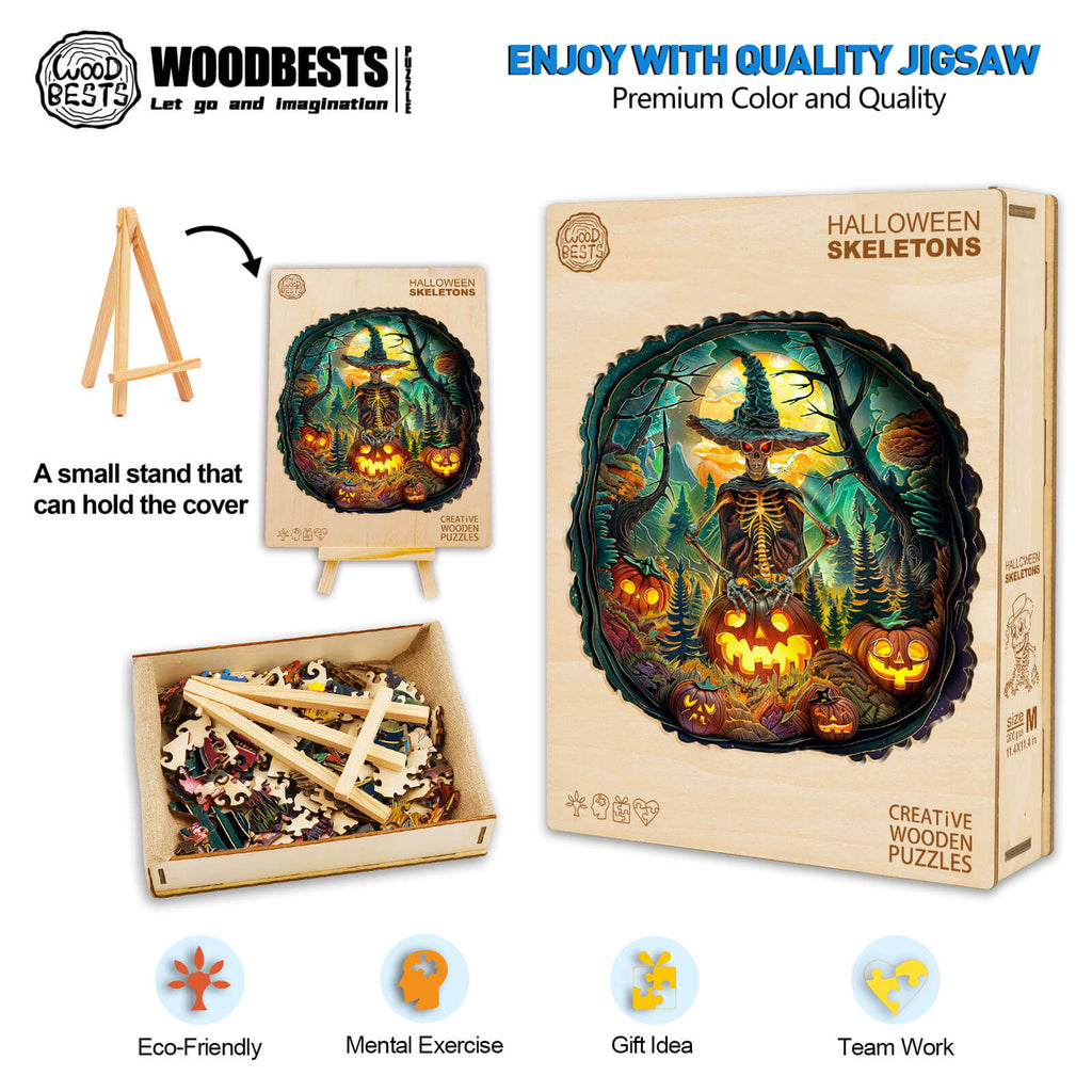 Halloween Skeletons Wooden Jigsaw Puzzle with vibrant artwork, eco-friendly pieces, perfect for mental exercise and gifting.