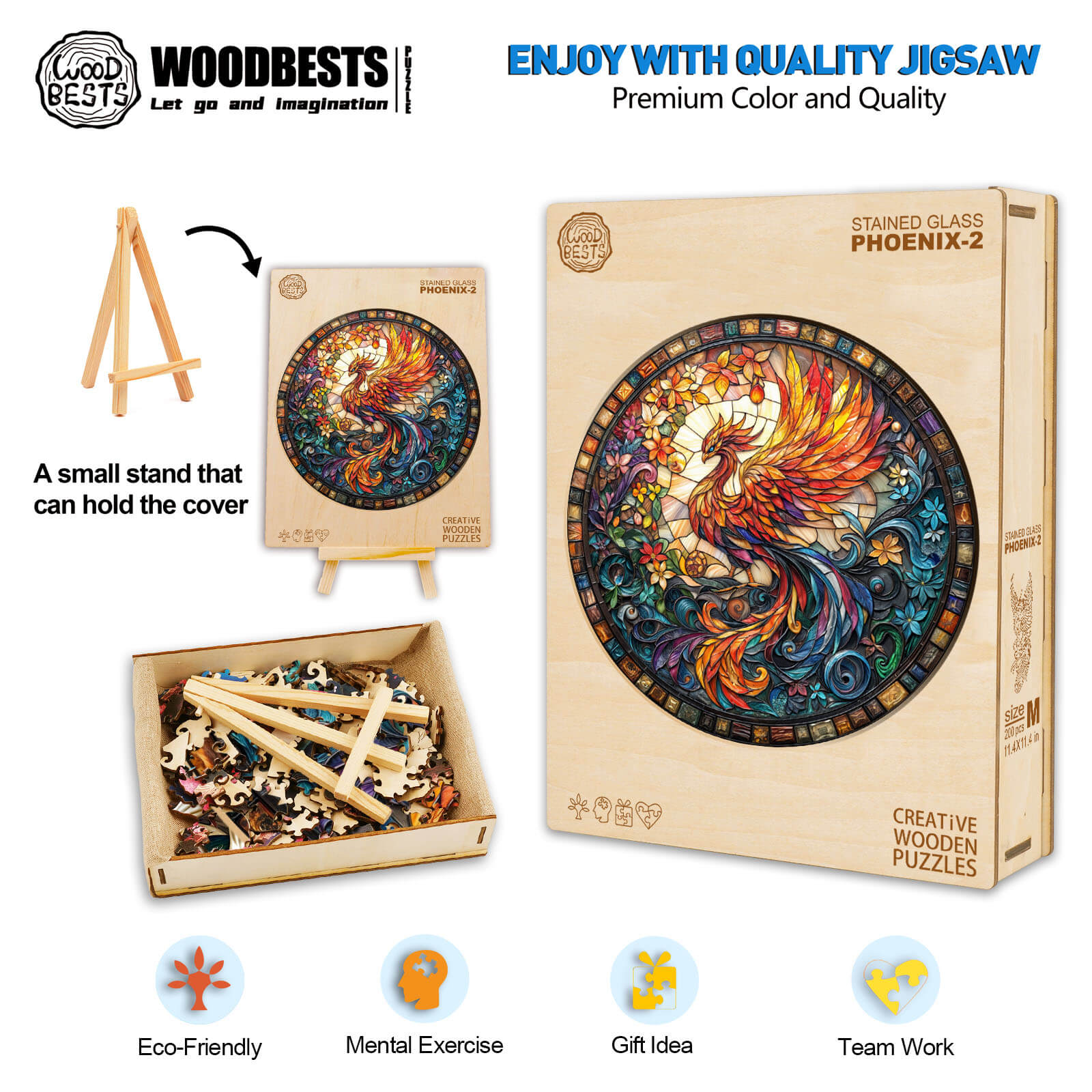 Stained Glass Phoenix-2 Wooden Jigsaw Puzzle with vibrant colors, eco-friendly materials, and a mental exercise focus.