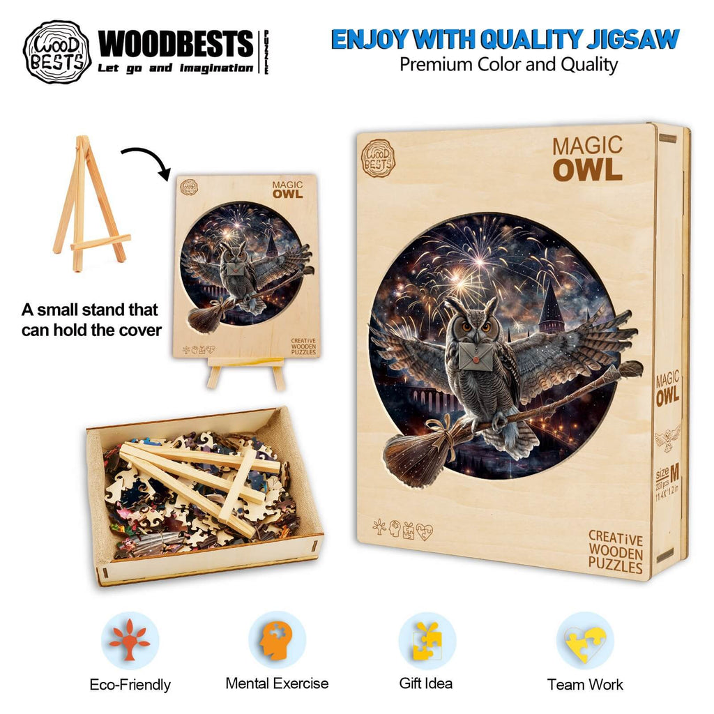 Magic Owl Wooden Jigsaw Puzzle with eco-friendly pieces for mental exercise and teamwork, featuring vibrant cover design.