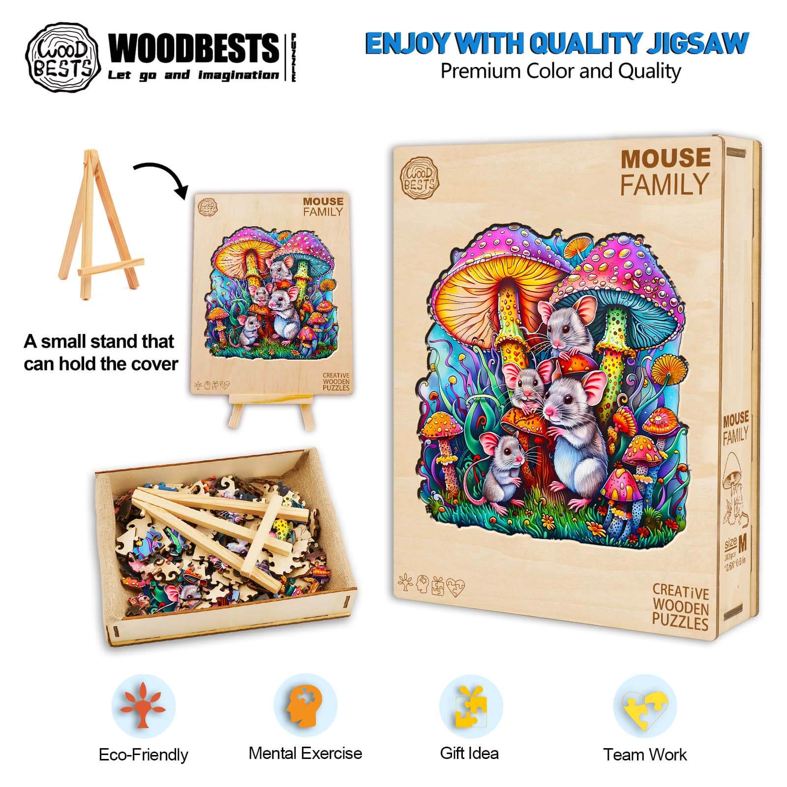 Colorful Mouse Family wooden jigsaw puzzle featuring vibrant artwork, ideal for mental exercise and teamwork.