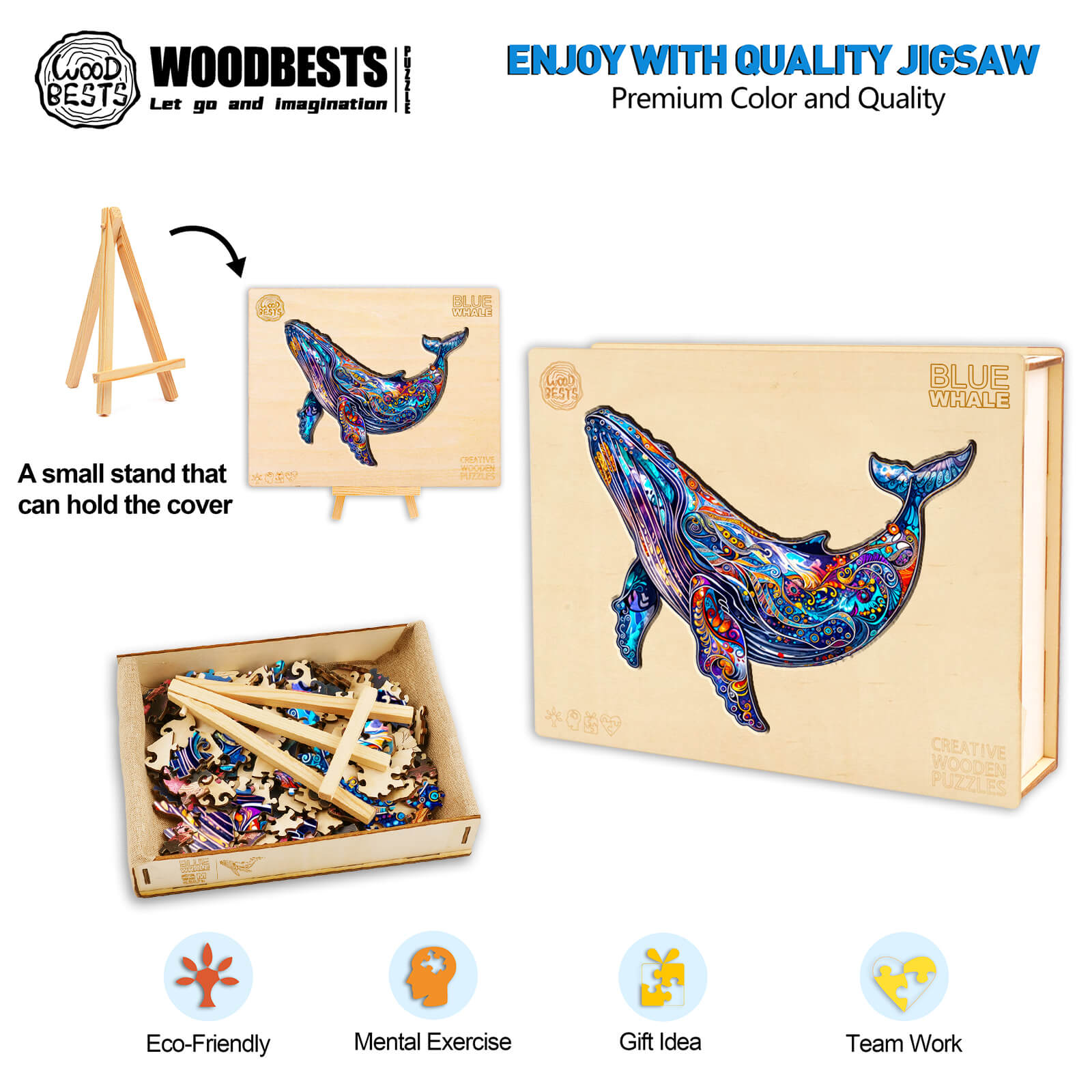 Blue Whale wooden jigsaw puzzle with vibrant colors, eco-friendly materials, and team-building benefits.