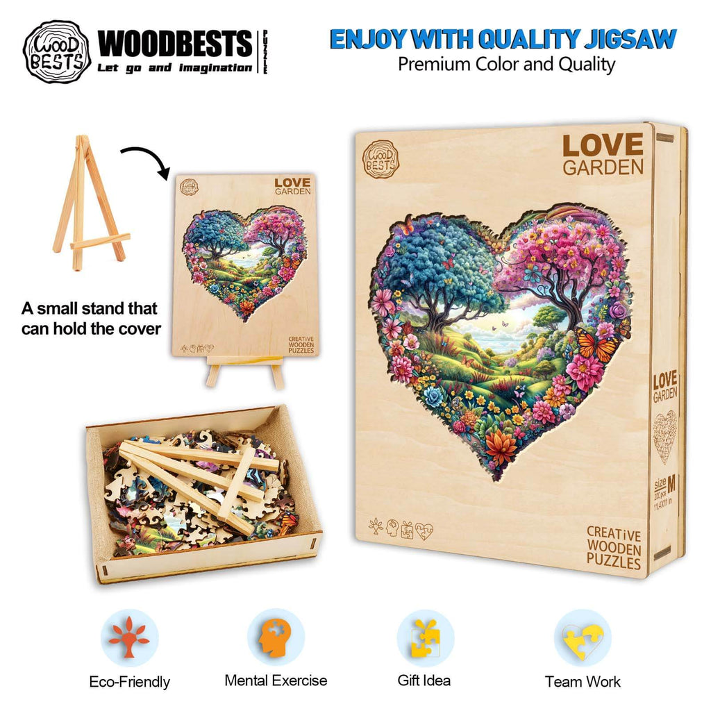 Love Garden wooden jigsaw puzzle with eco-friendly pieces, promoting mental exercise and teamwork, ideal gift idea.