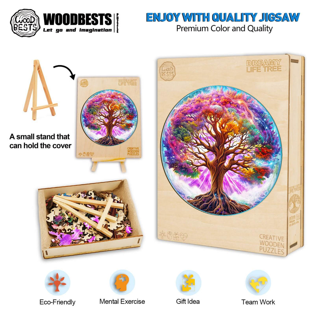 Dreamy Life Tree wooden jigsaw puzzle with vibrant colors, eco-friendly design, perfect for mental exercise and team work.