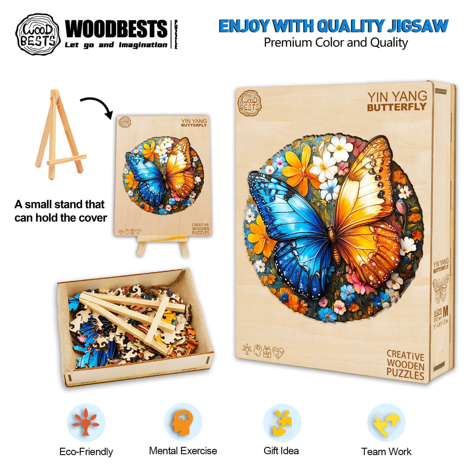 Yin Yang Butterfly wooden jigsaw puzzle box and pieces, designed for mental exercise and eco-friendly fun.