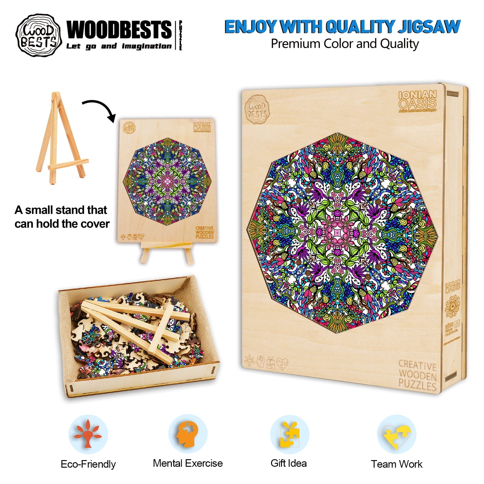 Colorful wooden jigsaw puzzle by Woodbests featuring intricate doodle art by Lori Anne McKague, promoting creativity and teamwork.