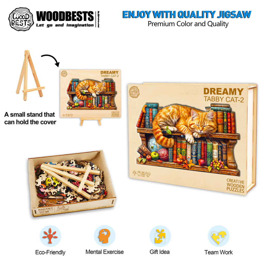 Dreamy Tabby Cat-2 wooden jigsaw puzzle with cat on bookshelf, emphasizing creativity, teamwork, and mental exercise.