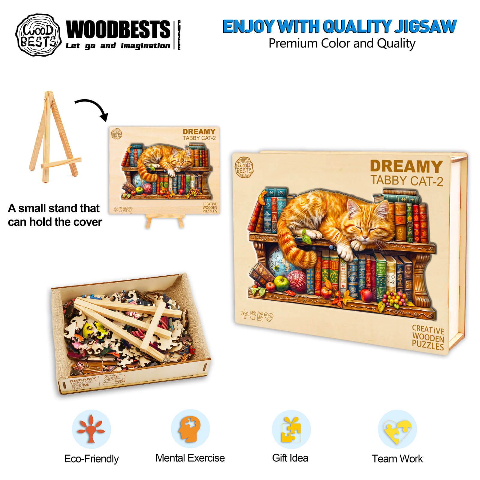 Dreamy Tabby Cat-2 wooden jigsaw puzzle with cat on bookshelf, emphasizing creativity, teamwork, and mental exercise.