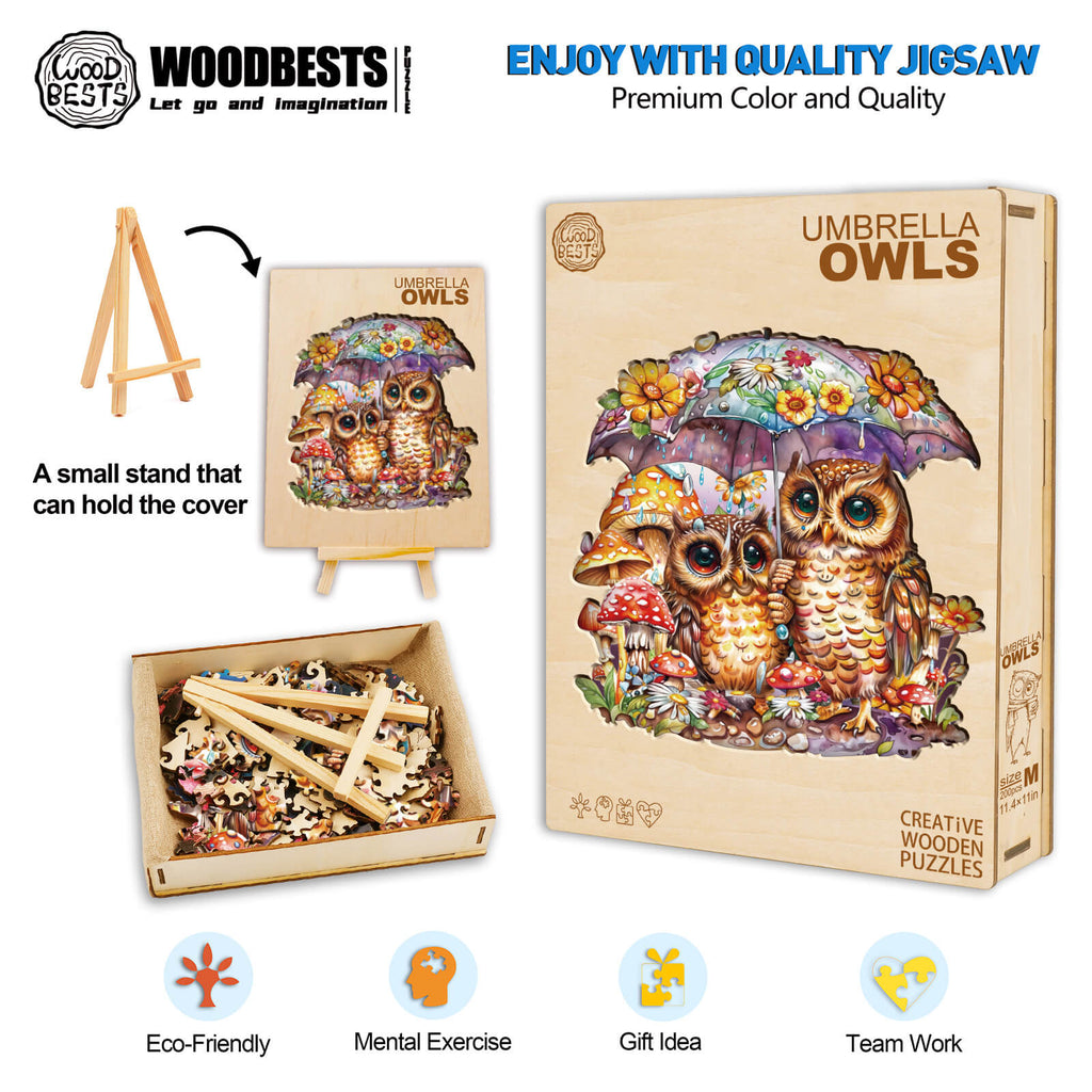 Colorful Umbrella Owls wooden jigsaw puzzle with stand, promoting mental exercise and teamwork.