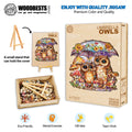 Colorful Umbrella Owls wooden jigsaw puzzle with stand, promoting mental exercise and teamwork.