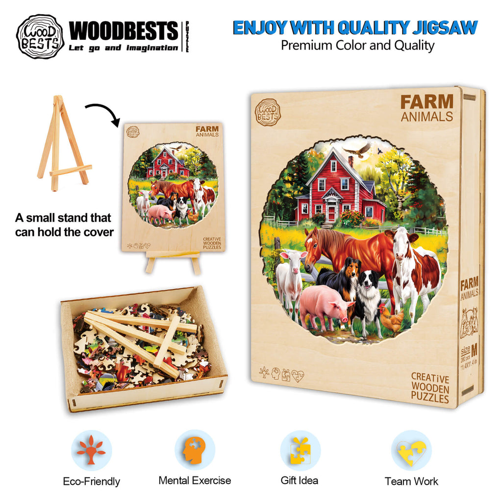 Farm Animals Wooden Jigsaw Puzzle with vibrant colors, eco-friendly design, promoting mental exercise and teamwork.