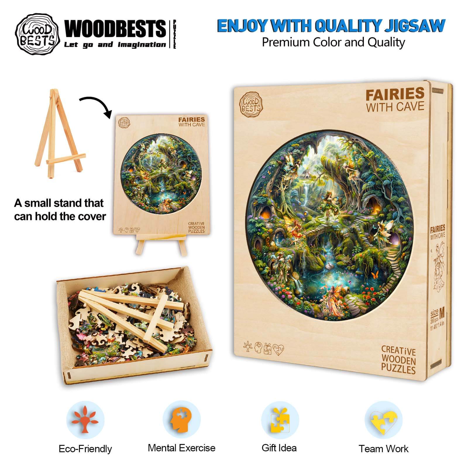 Fairies with Cave wooden jigsaw puzzle featuring beautiful artwork, eco-friendly materials, and a small stand for display.