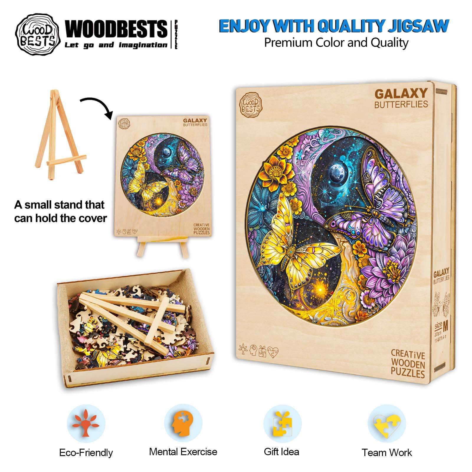 Galaxy Butterflies wooden jigsaw puzzle with vibrant colors, eco-friendly materials, perfect for mental exercise and teamwork.