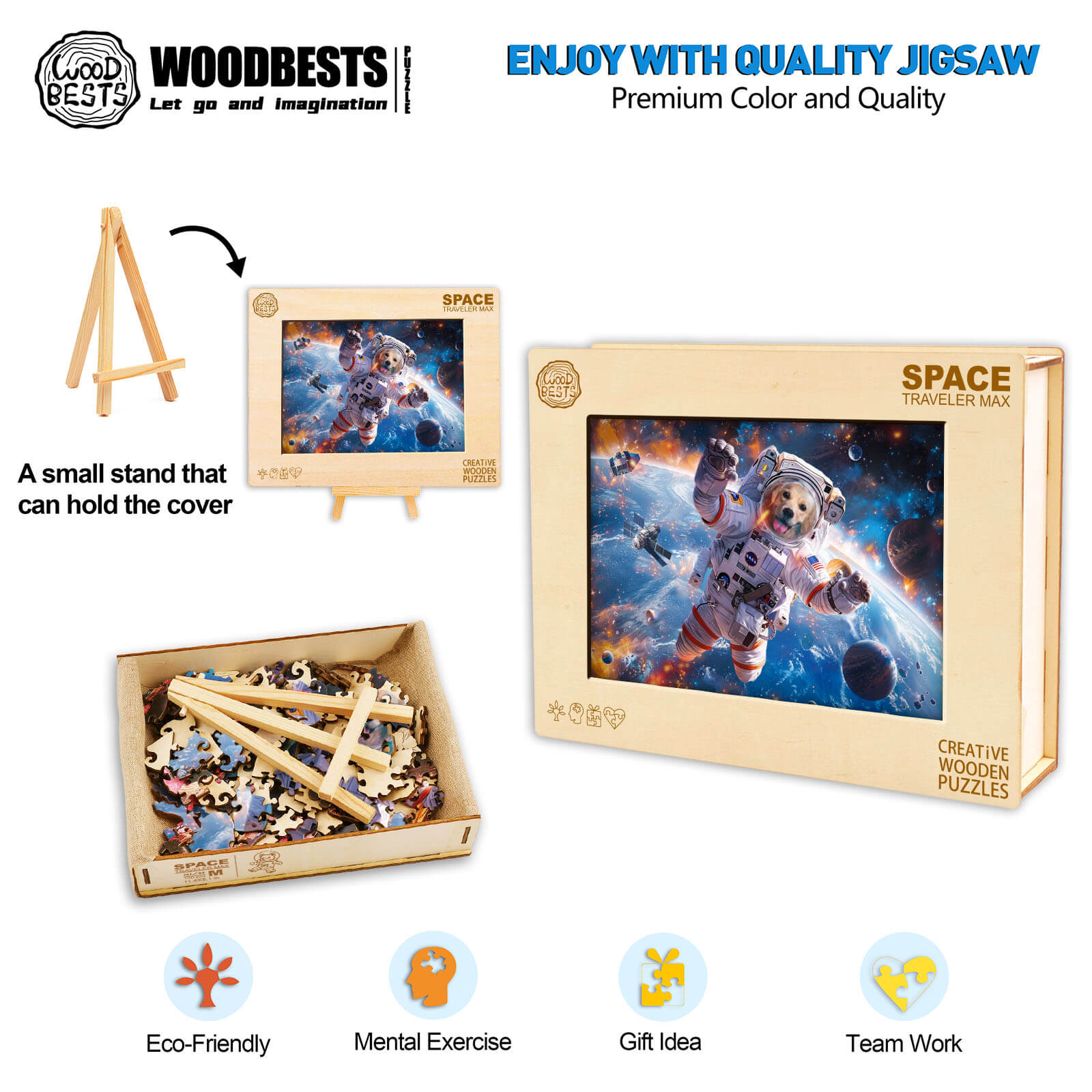 Space Traveler Max wooden jigsaw puzzle with eco-friendly design, promoting mental exercise and teamwork.
