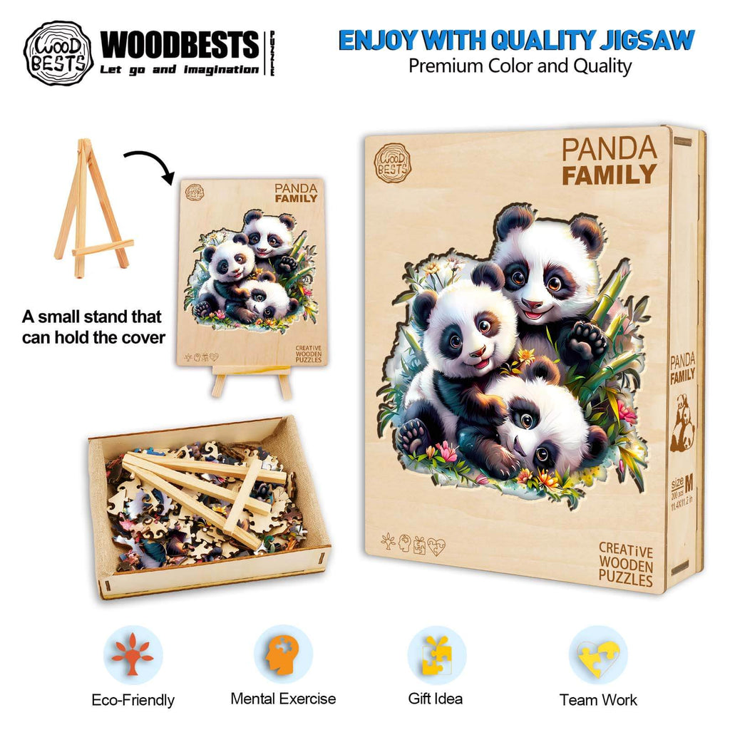 Panda Family wooden jigsaw puzzle featuring playful pandas, eco-friendly design for mental exercise and teamwork.