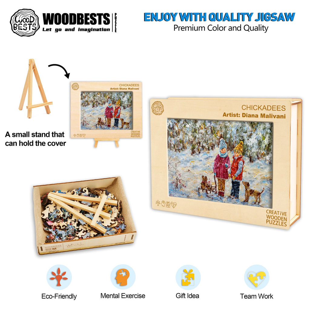 Chickadees jigsaw puzzle by artist Diana Malivani, eco-friendly, perfect for gifts and team activities.