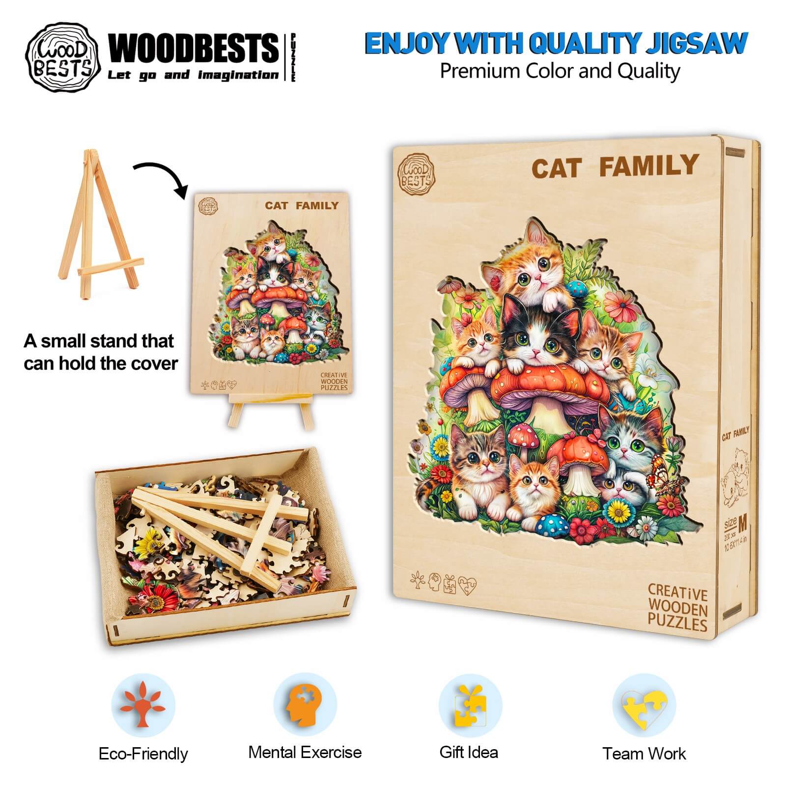Cat Family wooden jigsaw puzzle showcased with vibrant artwork, eco-friendly materials, and mental exercise benefits.