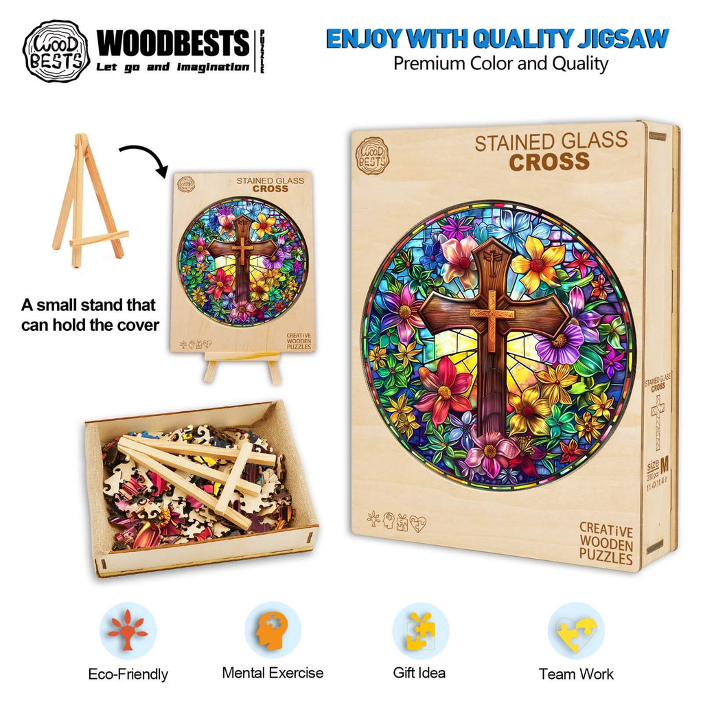 Stained Glass Cross Wooden Jigsaw Puzzle with vibrant flowers, promoting mental exercise and teamwork, eco-friendly design.