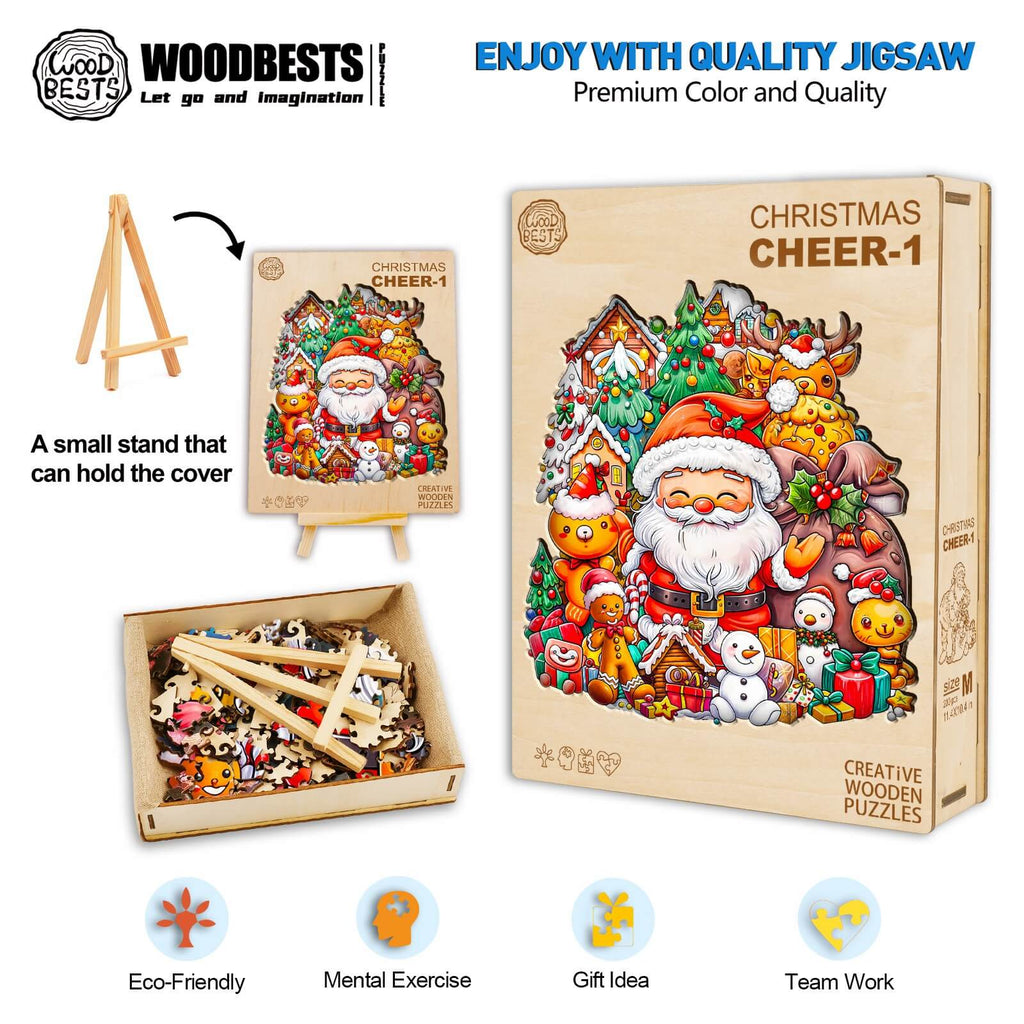 Christmas Cheer-1 wooden jigsaw puzzle box with colorful design and stand, promoting eco-friendliness and mental exercise.