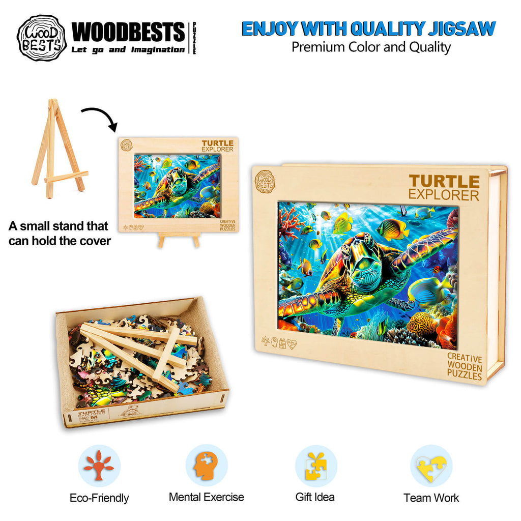 Turtle Explorer wooden jigsaw puzzle with vibrant underwater design, eco-friendly pieces and stand for easy display.