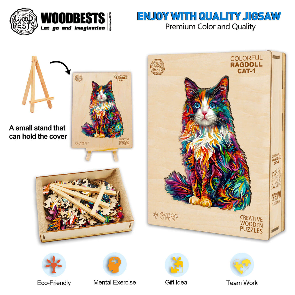 Colorful Ragdoll Cat-1 wooden jigsaw puzzle with vibrant colors, designed for mental exercise and teamwork.