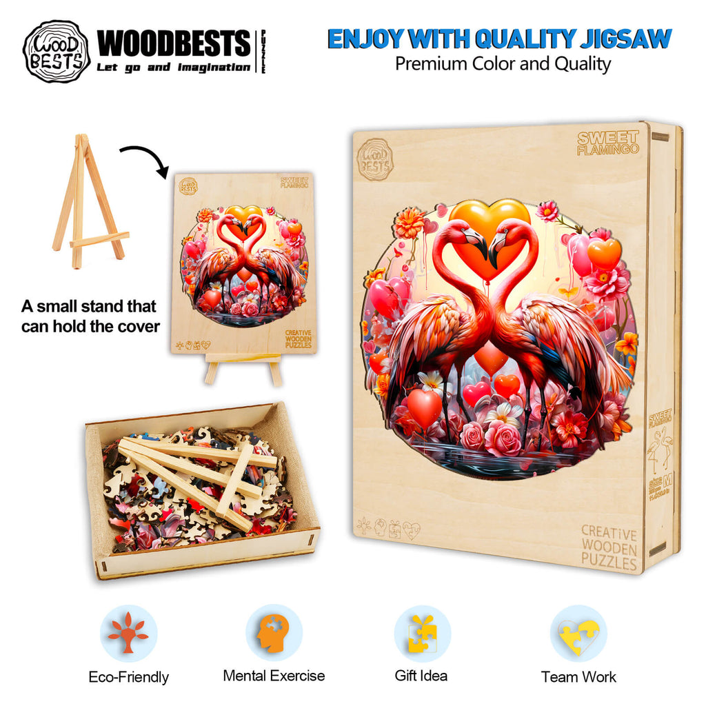 Sweet Flamingo wooden jigsaw puzzle in a box with pieces, promoting mental exercise and eco-friendly fun.