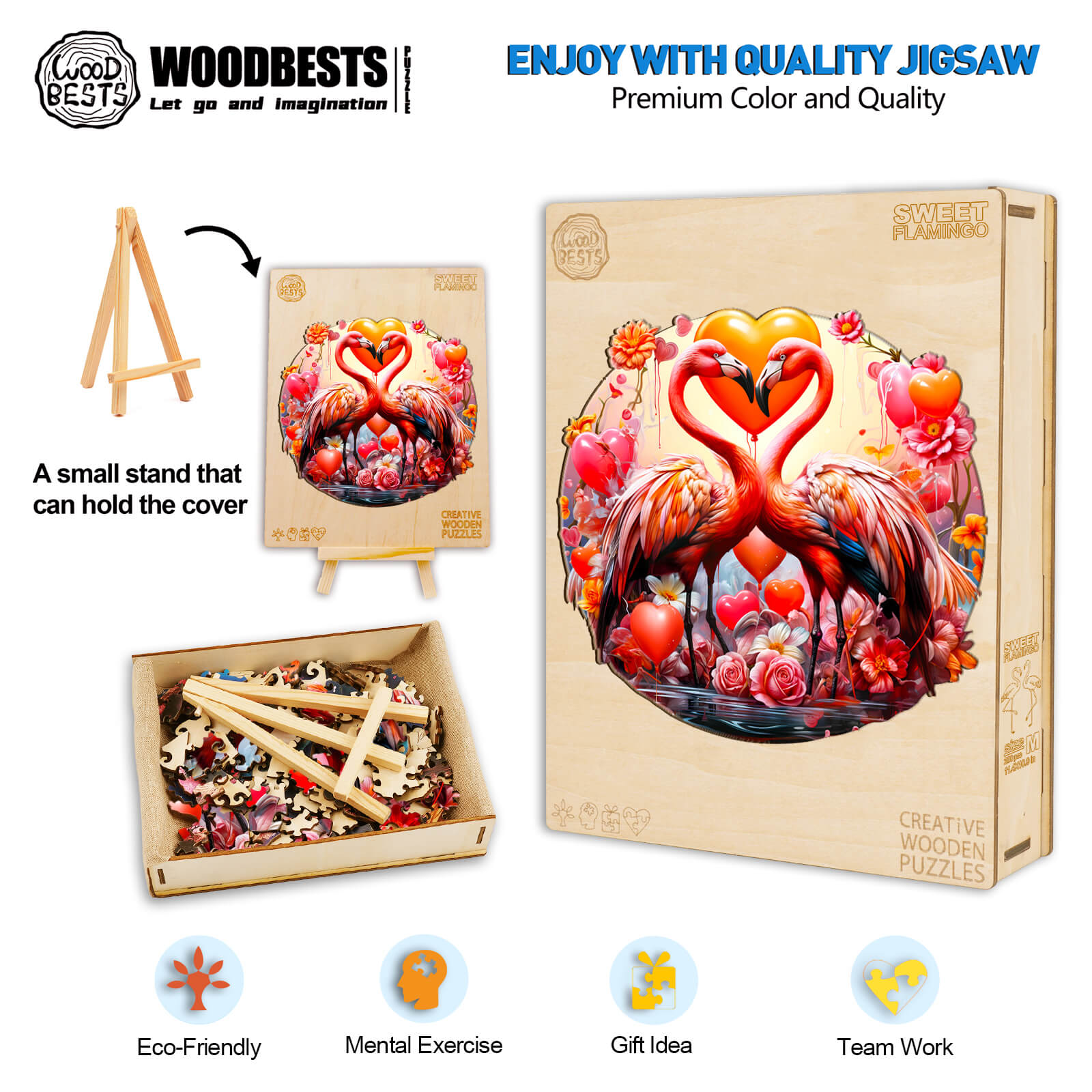 Sweet Flamingo wooden jigsaw puzzle in a box with pieces, promoting mental exercise and eco-friendly fun.