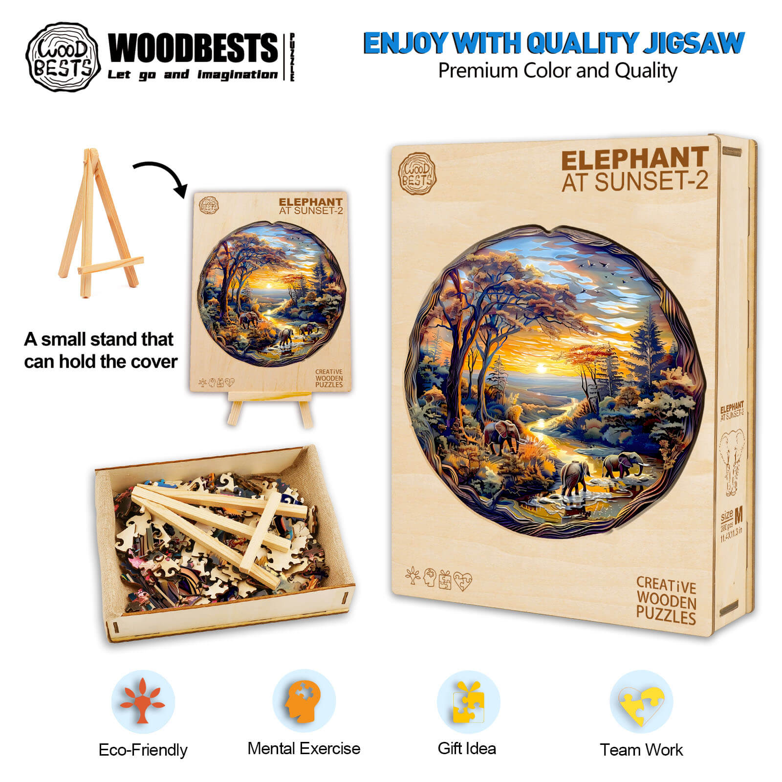 Wooden jigsaw puzzle featuring an elephant at sunset, promoting focus, teamwork, and eco-friendly fun.
