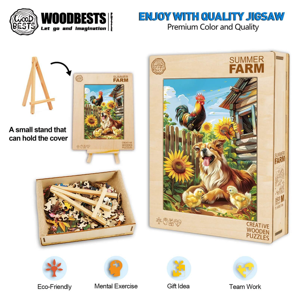 Summer Farm wooden jigsaw puzzle with vibrant colors, promoting mental exercise and teamwork, eco-friendly design.
