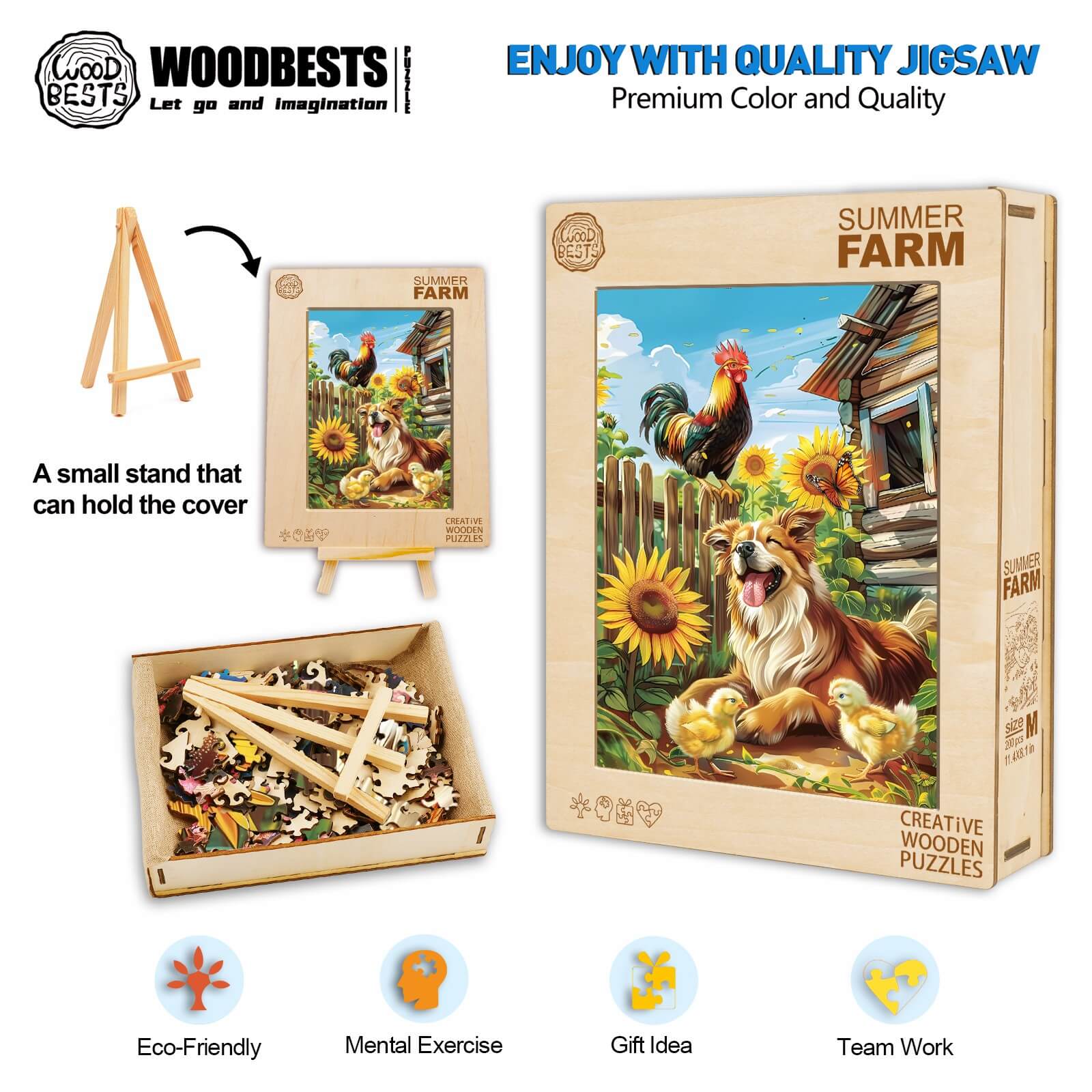 Summer Farm wooden jigsaw puzzle with vibrant colors, promoting mental exercise and teamwork, eco-friendly design.